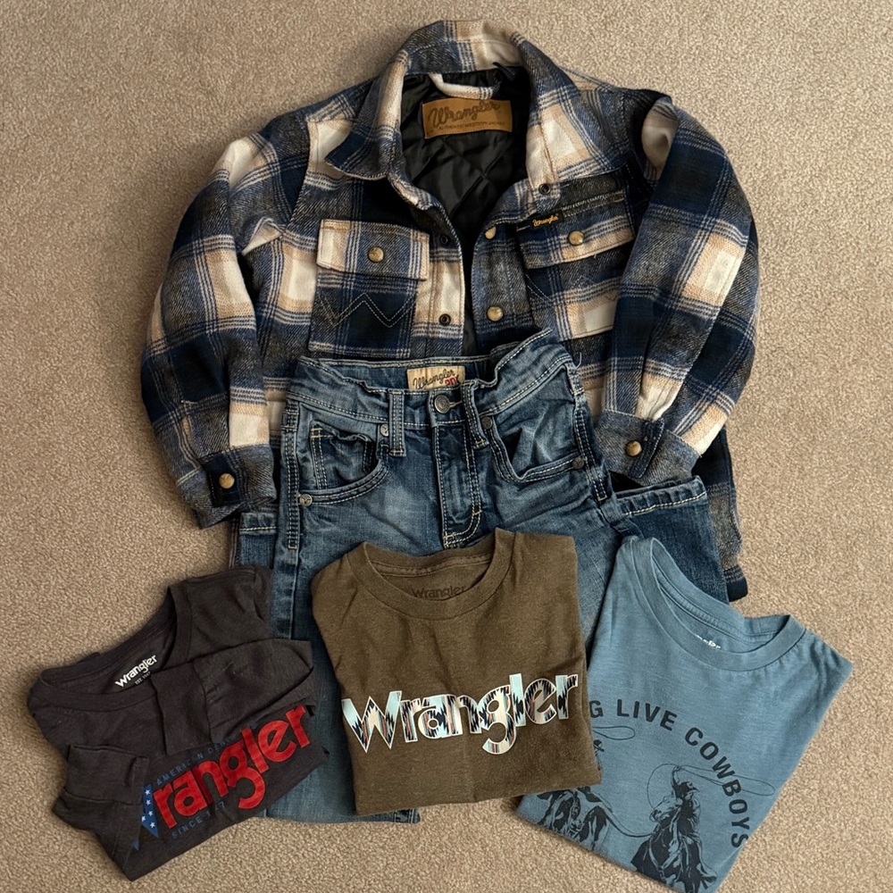 Wrangler Kids' Plaid Button Down jacket Shirt, jeans,  and T-Shirts 5 pieces